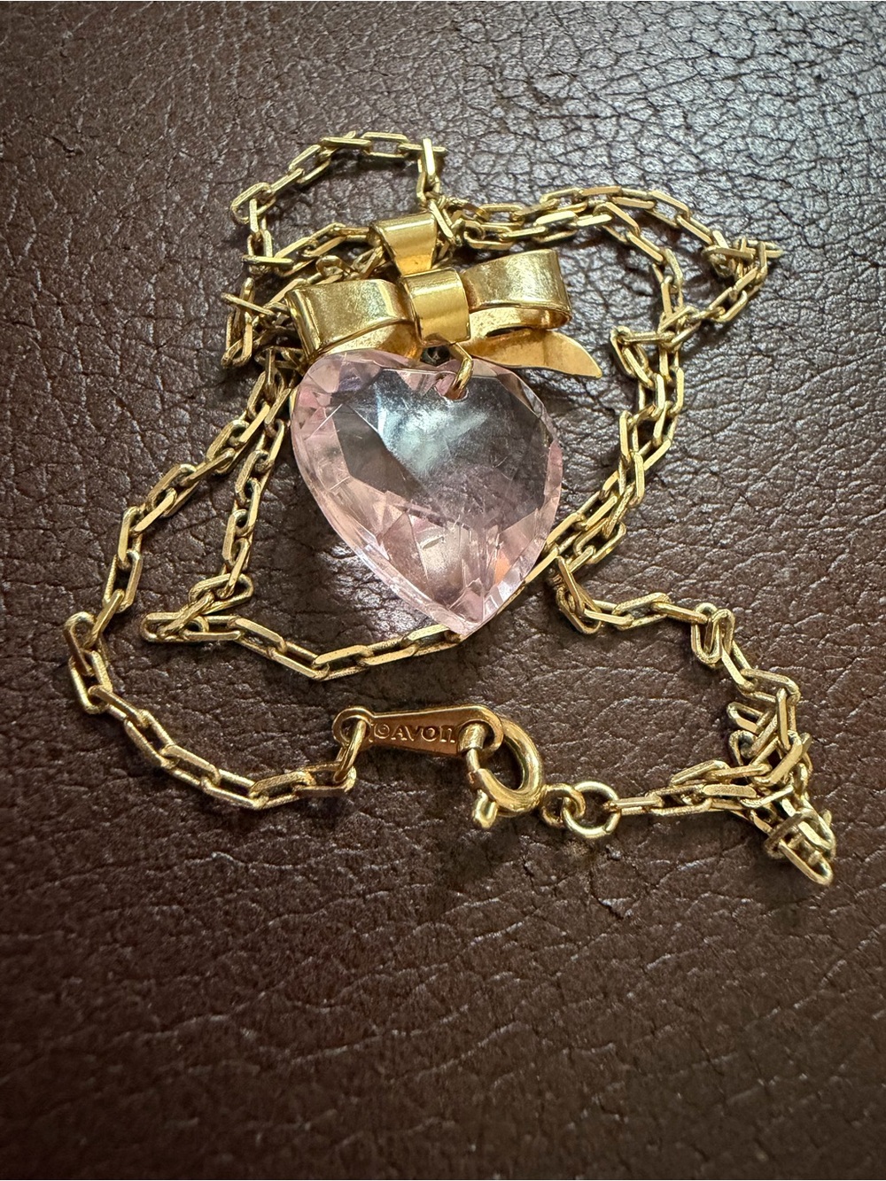 Avon Gold Bow Necklace with Pink Heart Crystal